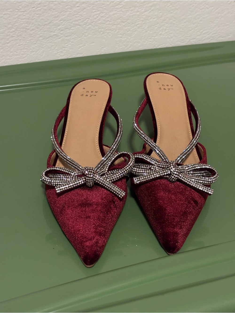 a new day Wine Velvet Pointed Toe Bow Slingback Mules